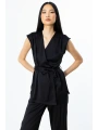 Ekol Tek Düğmeli Kuşaklı Kadın Siyah Yelek 04158