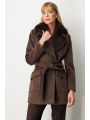 Ekol Yakası Kürklü Beli Bağlamalı Kadın Kahverengi Manto 06079