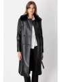 Ekol Yakası Kürklü Deri Siyah Kadın Trençkot 07007