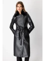 Ekol Yakası Kürklü Deri Siyah Kadın Trençkot 07007
