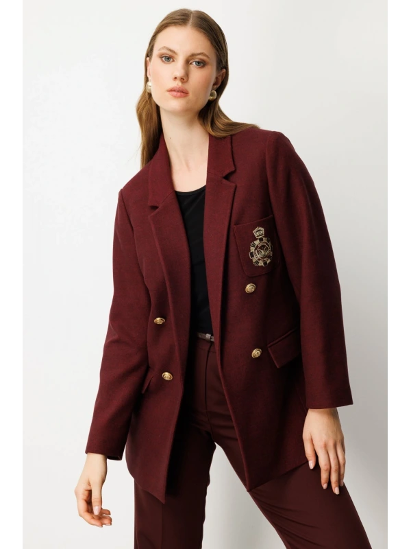 Ekol Büyük Beden Cebi Armalı Bordo Kadın Ceket 05571