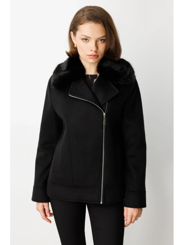 Ekol Kadın Yan Fermuarlı Yakası Peluş Siyah Kadın Manto 06085