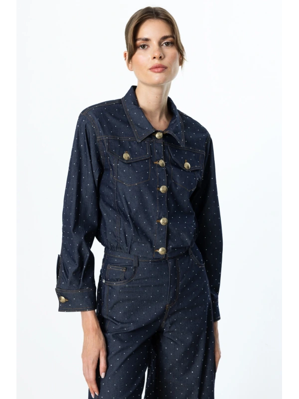 On Fashion Etek Ucu Pile Detaylı Taşlı Kadın İndigo Ceket 56514