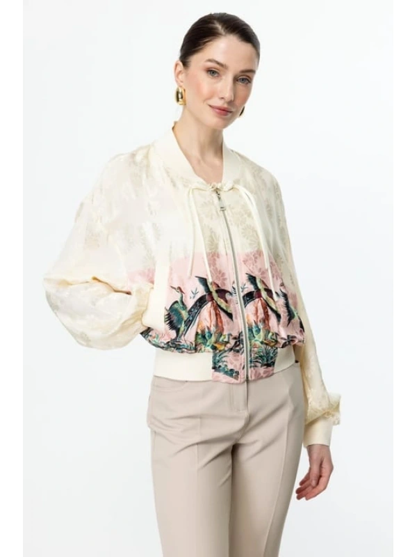 On Fashion Kadın Desenli Parlak Kumaş Pembe Ceket 56511