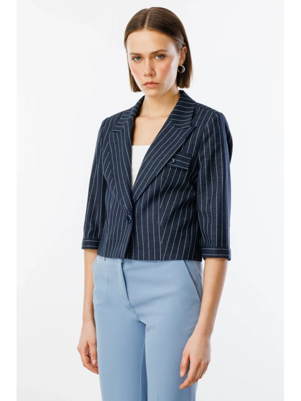 Ekol Kadın Çizgili Yarım Kol Lacivert Ceket 04048