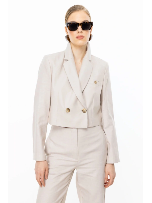 Ekol Kadın Düğmeli Bej Crop Ceket 04076