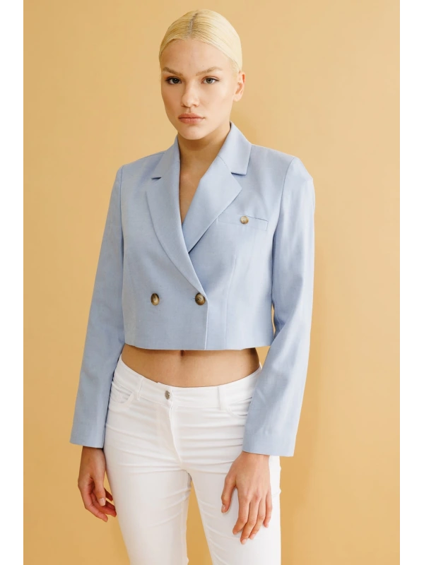Ekol Kadın Düğmeli Mavi Crop Ceket 04076