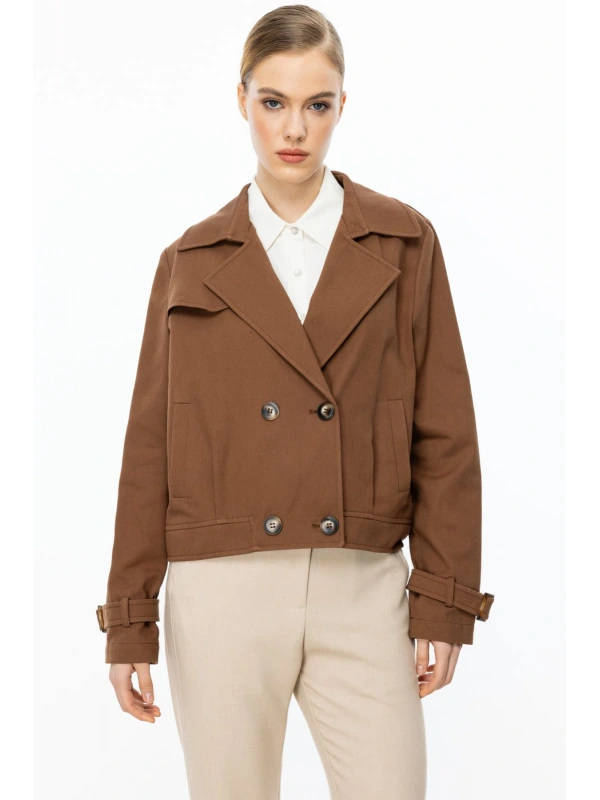 Ekol Kadın Çift Düğmeli Kakao Renk Mini Kot Ceket 06014