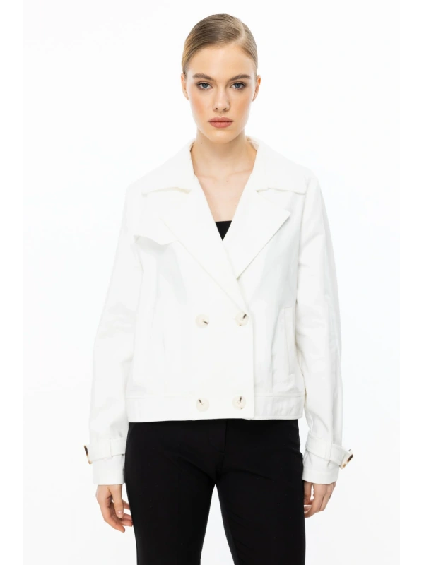 Ekol Kadın Çift Düğmeli Ekru Mini Kot Ceket 06014