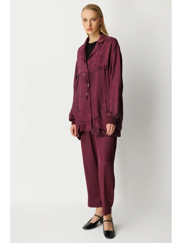 Ghisa Kadın Kendinden Desenli Mürdüm Ceket Takım 26KGSTKM3151