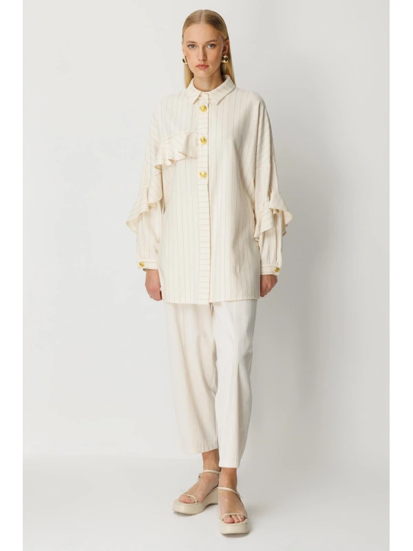 Ghisa Kadın Çizgili Düğme Detaylı Ekru Takım 25YGSTKM4975