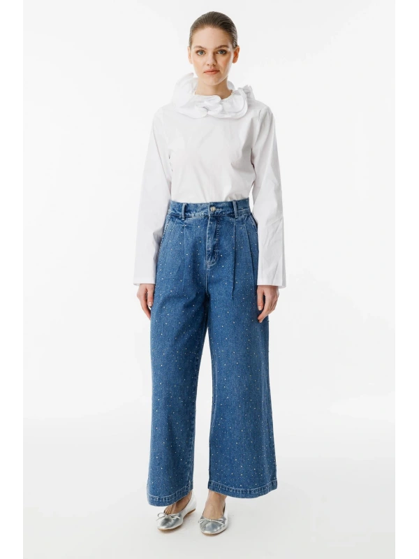 Ghisa Kadın Taşlı Pensli Mavi Palazzo Pantolon 8702