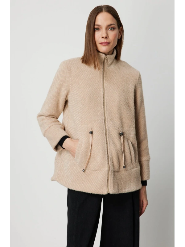 On Fashion Kadın Beli Bağcıklı Dik Yaka Vizon Mont 66721