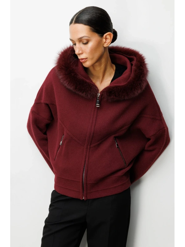 On Fashion Kadın Yakası Kürklü Fermuarlı Bordo Hırka 63908