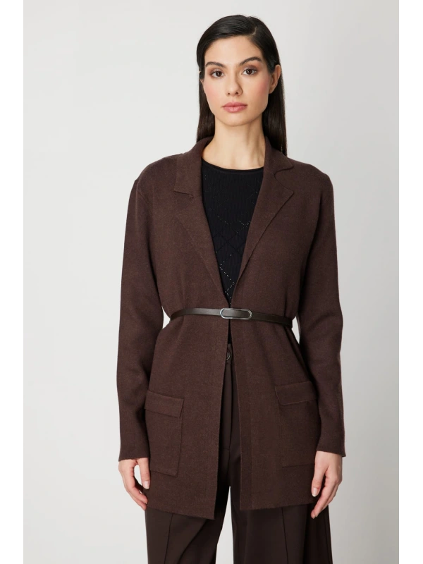 On Fashion Kadın Önü Açık Cepli Kemerli Kahverengi Hırka 69907