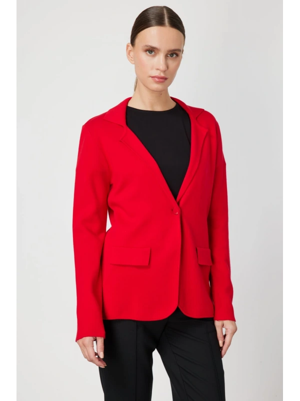 On Fashion Kadın Düğmeli Ceket Yaka Triko Kırmızı Hırka 63926