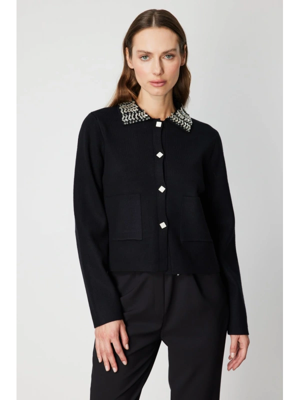 On Fashion Kadın Yakası Taş İşlemeli Torba Cepli Triko Siyah Hırka 60907