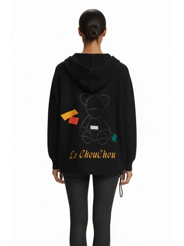 On Fashion Arkası Ayı Desenli Kapüşonlu Siyah Hırka 60933