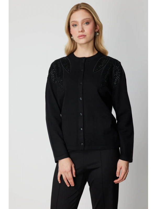 On Fashion Kadın Taş Detaylı Siyah Hırka 60908