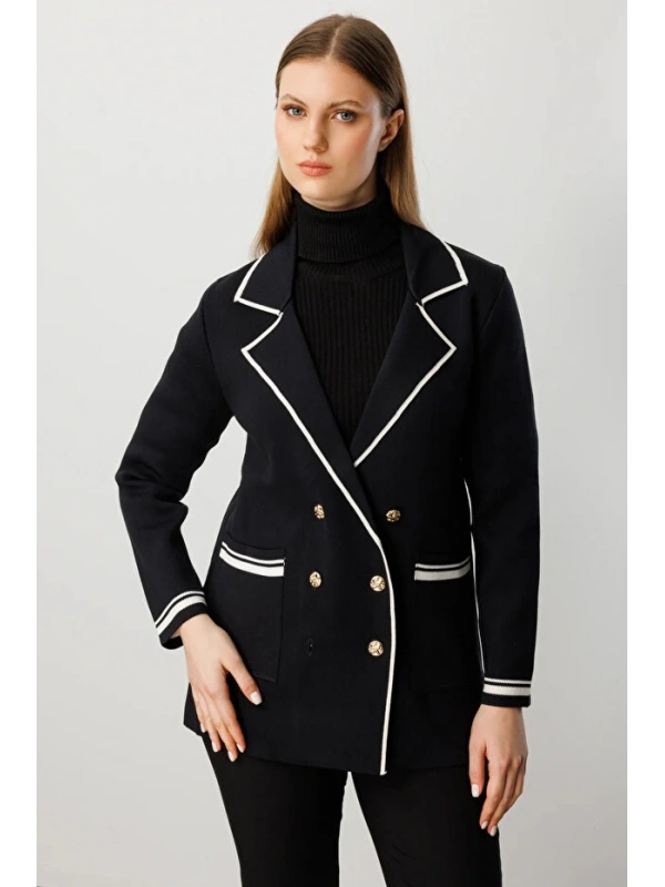 On Fashion Kadın Kruvaze Yaka Sarı Düğmeli Siyah Hırka 60906