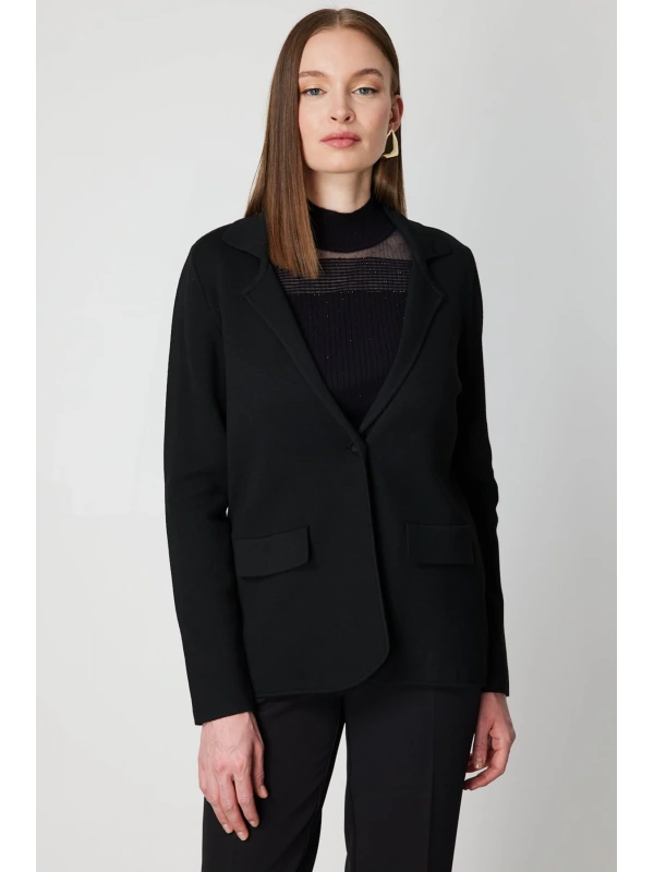 On Fashion Kadın Düğmeli Ceket Yaka Triko Siyah Hırka 63926
