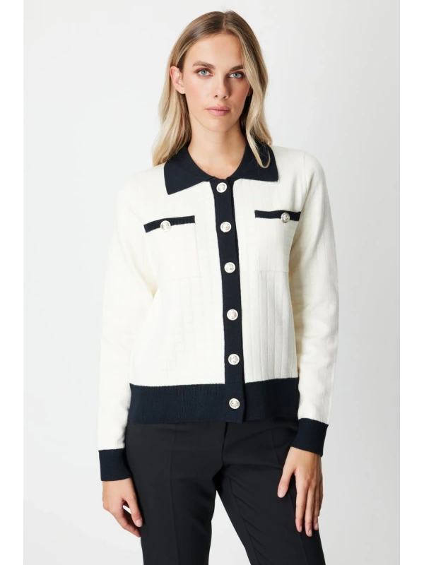 On Fashion Kadın Gömlek Yaka Cepli Ekru Hırka 65924