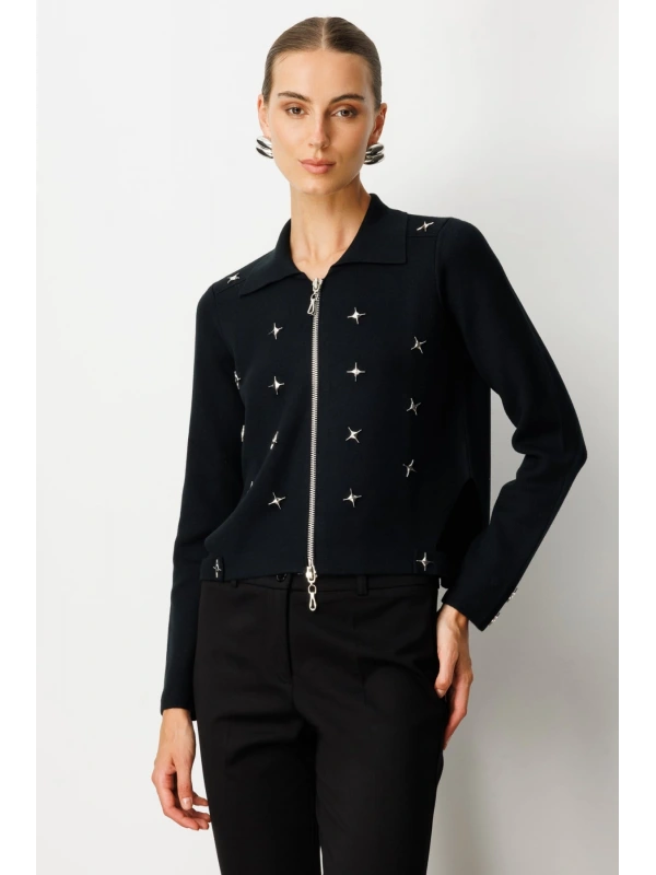 On Fashion Kadın Polo Yaka Zımbalı Fermuarlı Siyah Hırka 65905