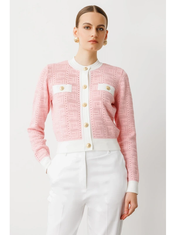 On Fashion Kadın Önü Gold Düğmeli Sıfır Yaka Pembe Hırka 53900