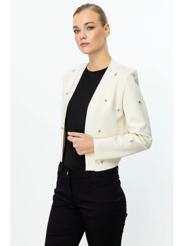 On Fashion Kadın Zımbalı Krem Hırka 59901