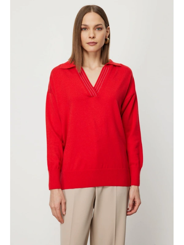 On Fashion Kadın Yakası Zincirli Polo Yaka Kırmızı Kazak 66336