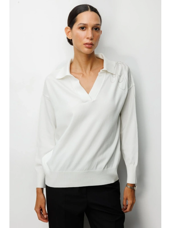 On Fashion Kadın Tek Omuz İşlemeli Gömlek Yaka Ekru Kazak 66359