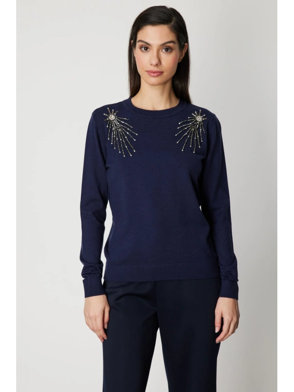 On Fashion Kadın Omzu Aksesuarlı Balıkçı Yaka Lacivert Kazak 63314