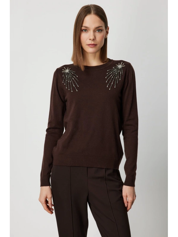 On Fashion Kadın Omzu Aksesuarlı Balıkçı Yaka Kahverengi Kazak 63314