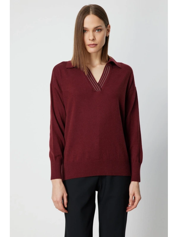 On Fashion Kadın Yakası Zincirli Polo Yaka Bordo Kazak 66336