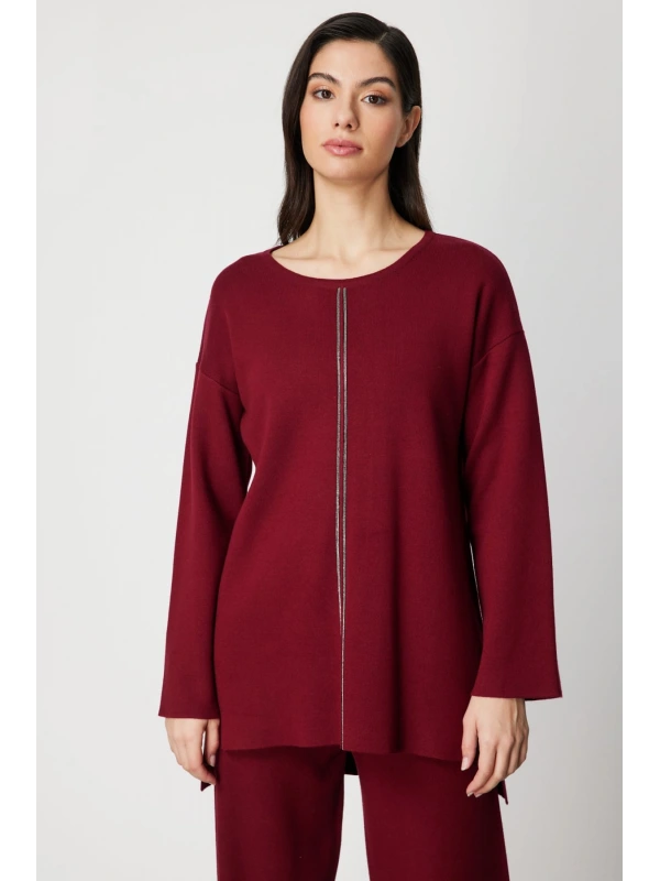 On Fashion Kadın Zincir Şeritli Bordo Kazak 63320