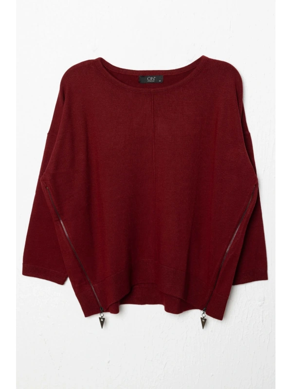 On Fashion Kadın Yanları Fermuarlı Bordo Bol Kazak 65389