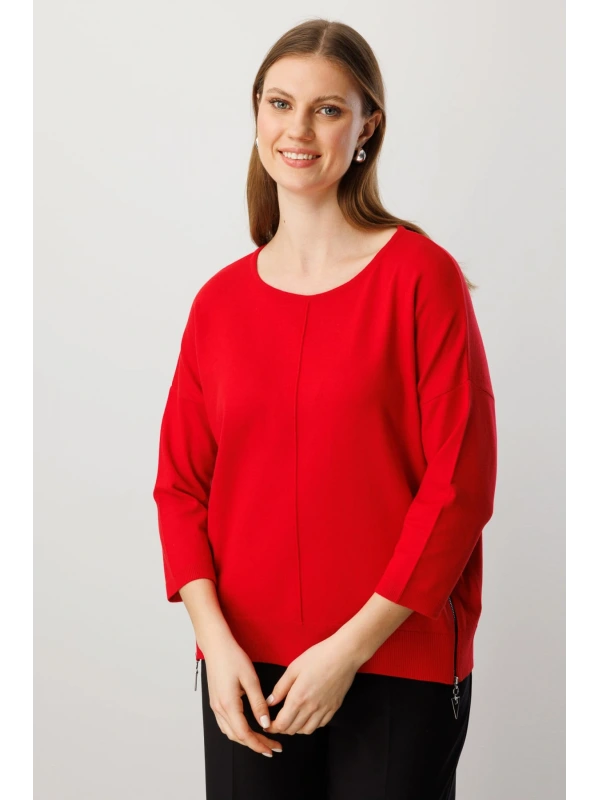 On Fashion Kadın Yanları Fermuarlı Kırmızı Bol Kazak 65389