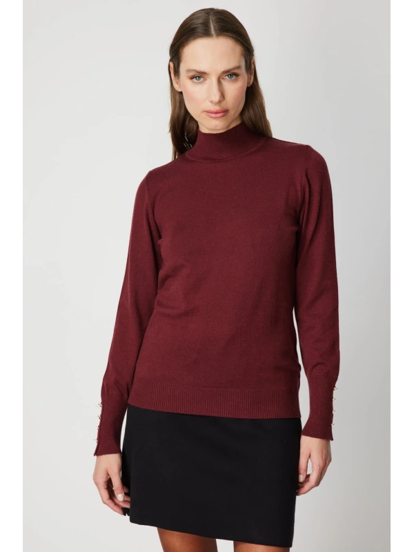 On Fashion Kadın Dik Yaka Basic Bordo Kazak 63514