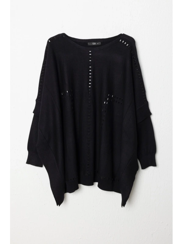 On Fashion Kadın Taş Detaylı Yarasa Kol Siyah Kazak 60301