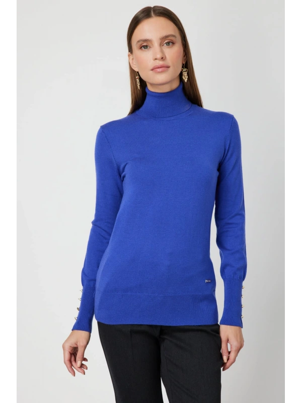 On Fashion Kadın Saks Mavisi Boğazlı Kazak 63503