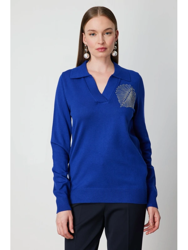 On Fashion Kadın Omuz Yaprak Zincirli Saks Mavisi Kazak 65334