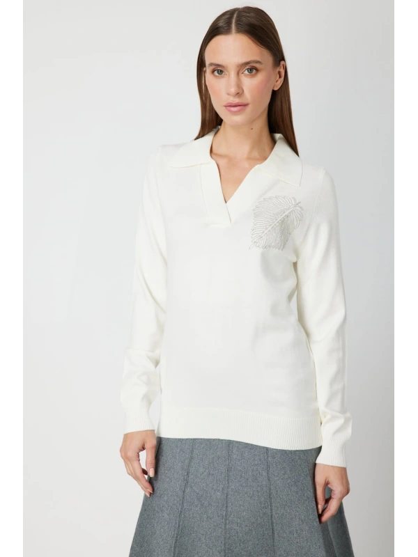 On Fashion Kadın Omuz Yaprak Zincirli Ekru Kazak 65334