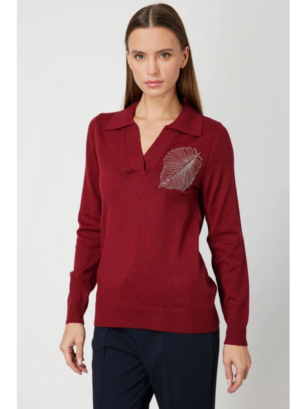 On Fashion Kadın Omuz Yaprak Zincirli Bordo Kazak 65334