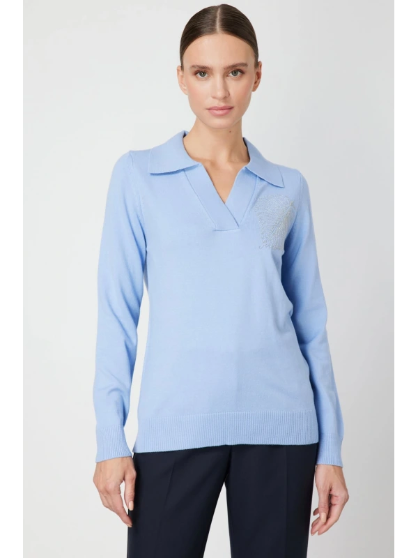 On Fashion Kadın Omuz Yaprak Zincirli Açık Mavi Kazak 65334