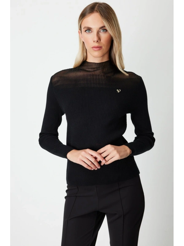 On Fashion Kadın Yarım Balıkçı İnce Örme Siyah Kazak 60346