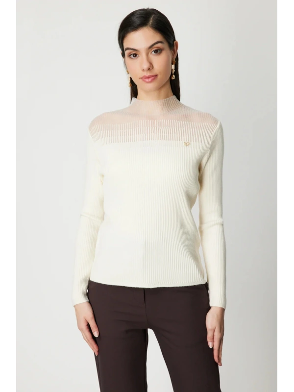 On Fashion Kadın Yarım Balıkçı İnce Örme Ekru Kazak 60346