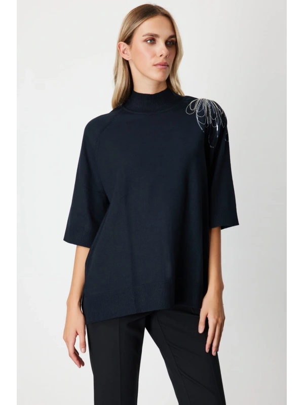 On Fashion Kadın Yarım Kol Tek Omuz Zincirli Siyah Kazak 65381