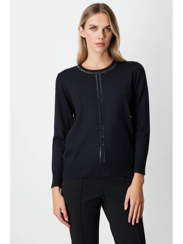 On Fashion Kadın Yarım Kol Yakası ve Önü Taşlı Siyah Kazak 65397