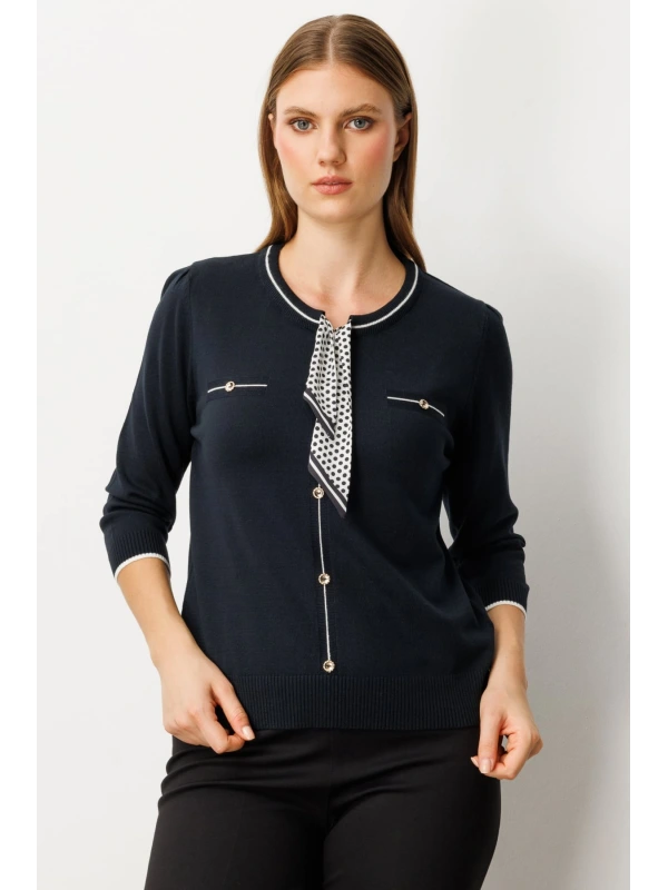 On Fashion Kadın Yarım Kol Yakası Fularlı Siyah Triko Kazak 65352