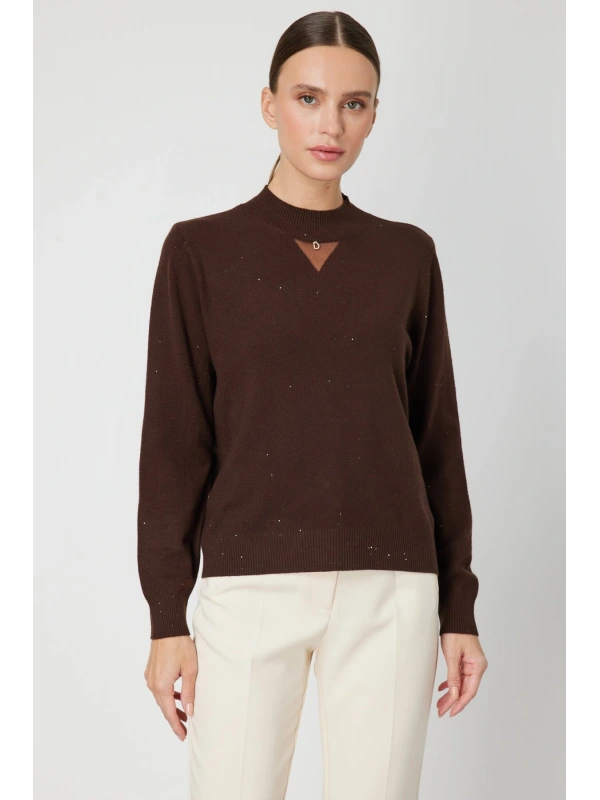 On Fashion Kadın Pul Detaylı Kahverengi Kazak 60345